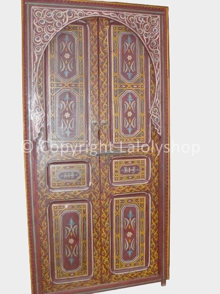 Porte marocaine en bois peint et décoré (zouak) 200 x 100 cm